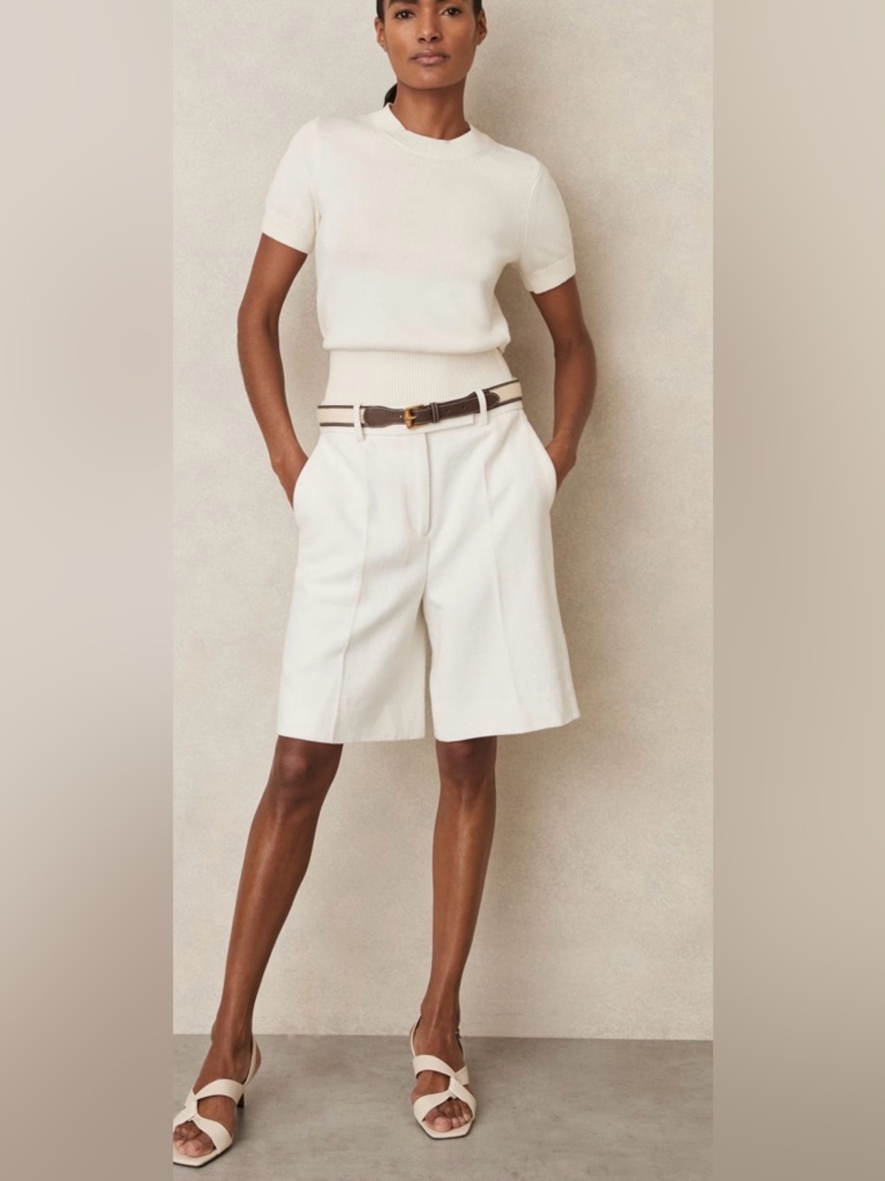 Reiss Anita Cotton and Wool Crewneck Short Sleeve Sweater Ivory Large
